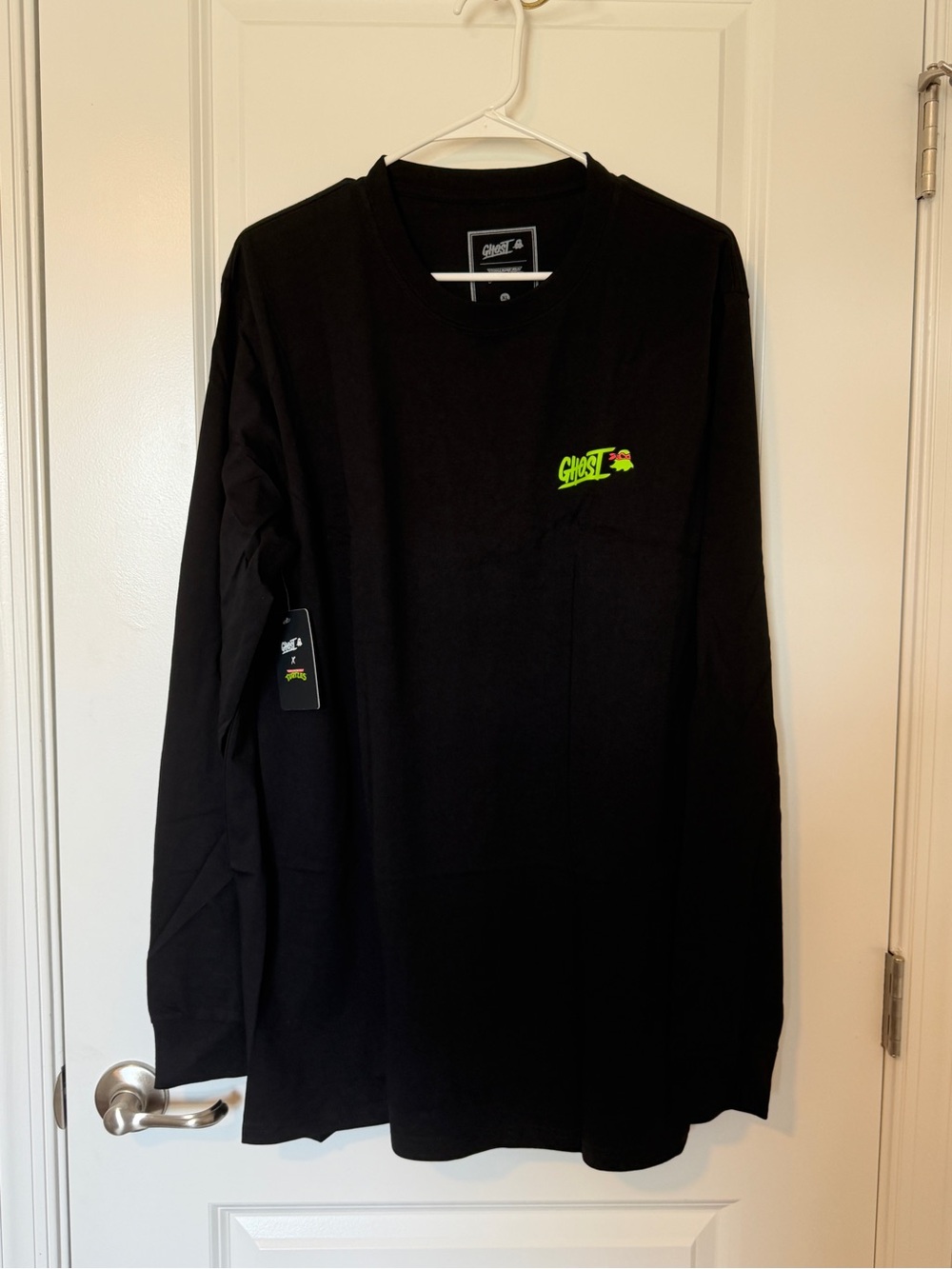 Ghost Black Long Sleeve Pocket Tee with Neon Green Logo